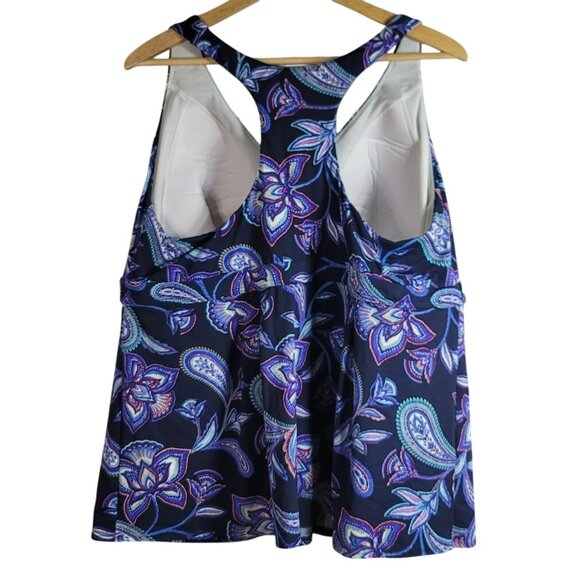 Lands' End Tankini Swim Top Blue SZ 24W Racerback Shelf Bra Paisley Flutter Hem - Picture 5 of 8